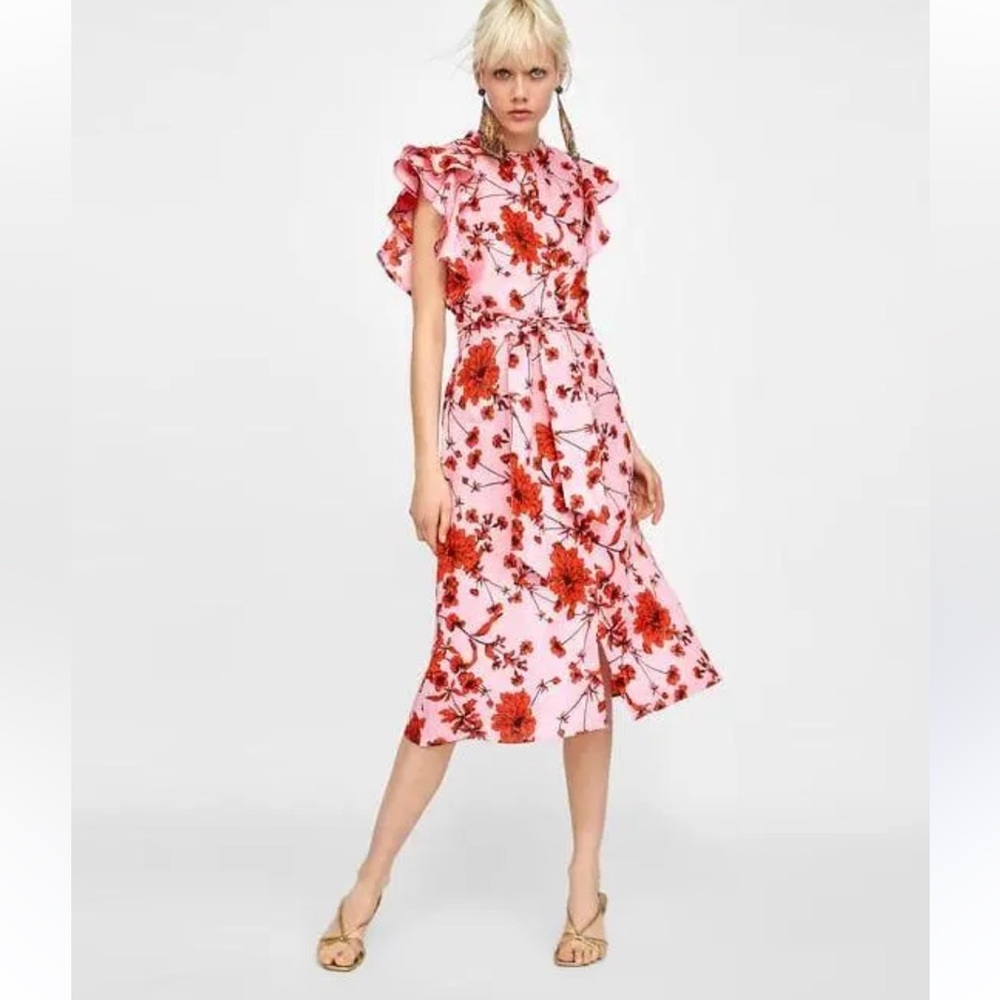 Zara Pink Midi Dress with Red Floral Print